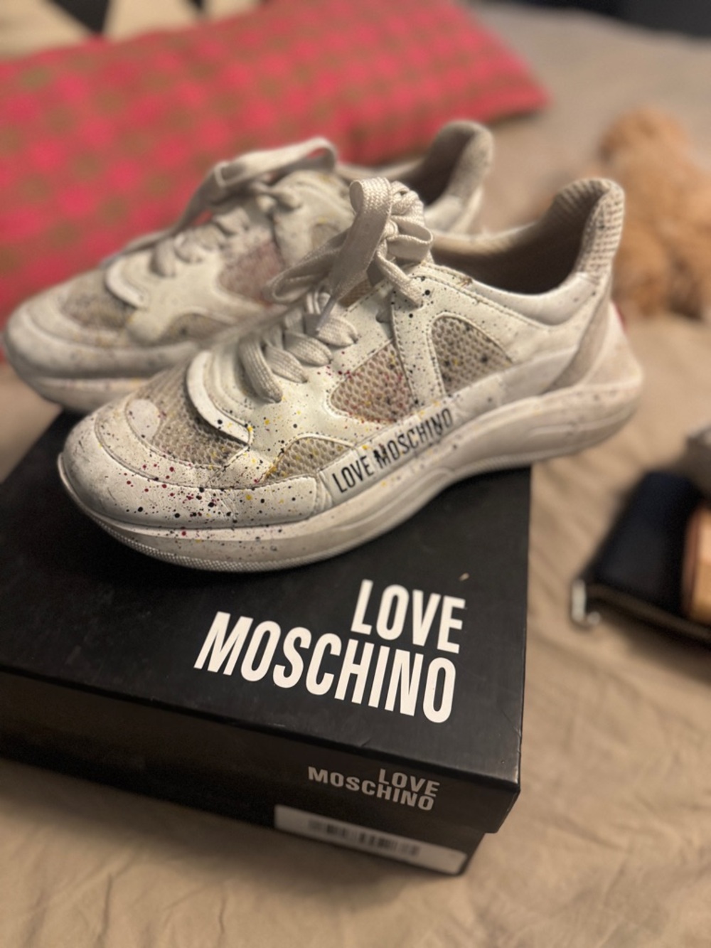 Love Moschino White Kids Sneakers with Multicolor Paint Splatter